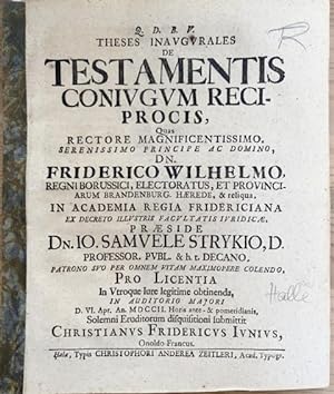 Bild des Verkufers fr [Theses Inaugurales De Testamentis Coniugum Reciprocis. zum Verkauf von Treptower Buecherkabinett Inh. Schultz Volha