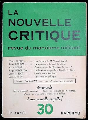 Image du vendeur pour La Nouvelle Critique n30, 3me anne, novembre 1951 mis en vente par LibrairieLaLettre2