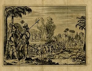 Antique Print-English explorers being burnt at a stake in Mexico-Anonymous-1706