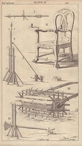 Image du vendeur pour Fig 1. An Arrow or Dart used in Sea Fights. Fig 2. A Chair for Gouty Persons. Fig 3. A Rolling Harrow, in husbandry. Fig 4&5. A Machine for throwing Grenades mis en vente par Antiqua Print Gallery