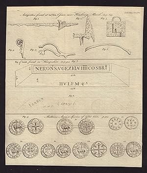 Seller image for Antiquities found [in a Stone Coffin] at Leyton, Essex, near Hackney Marsh. [Fig 1. Blade of a Sword. Fig 2. A Battle-axe. Fig 3. A Padlock. Fig 4. Brass Crest or Plume. Fig 5. A Brass Spur. Fig 6. A Rib bone of a Quadruped]. Fig 7 & 8. A Pig of Lead [with Roman inscription] found [near Stockbridge] in Hampshire. Muttones Aurei, a Species of gold Coin. [Fig 9 to 15. Six French Gold Coins with the Lamb and a Cross, called Moutons]. Fig 11. A Saxon Silver Coin of Eadred] for sale by Antiqua Print Gallery