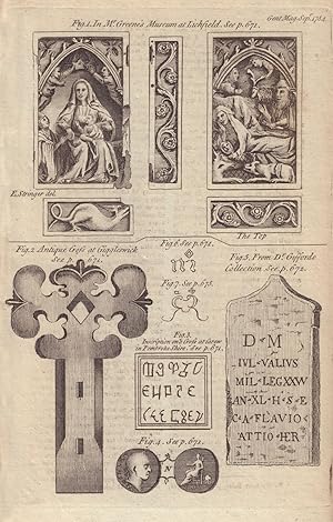 Immagine del venditore per Fig 1. [Antient Carvings on Ivory of the Virgin and the Infant Jesus] In Mr, Greene's Museum at Lichfield. Fig 2. Antique Cross at Giggleswick [in Yorkshire]. Fig 3. Inscription om a Cross at Carew in Pembrokeshire. Fig 4. [Gold Medal of Cicero. Fig 5. [Roman Inscription on a Stone found in Church-lane] from Dr Giffords Collection [Whitechapel, London]. Fig 6 & 7. [Date &c. on a Font or Sane of Faith at Uphall, near Edinburgh] venduto da Antiqua Print Gallery