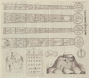 Seller image for [Fig 1. A wooden sheath, carved with scriptural subjects and date 1584 in the possession of Craven Orde. Fig 2. Tumulus or Barrow at Stackhouse in Yorkshire. Fig 3. A Roman Altar found at Ebchester in Durham. Fig 4. A Golden Buckle or Fibula inscribed "Non detur petenti". Fig 5. A Saxon Styca. Fig 6. Fragment of a Carving on Ivory supposed to represent a priest putting the wafer into the mouth of a communicant. Fig 7. Inscription on a Gold Ring found in Mendlesham in Suffolk] for sale by Antiqua Print Gallery