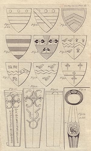 [Fig 1 to 9. Shields of Arms in the Church of Threekingham, Lincolnshire. Fig 10 to 12. Stone Cof...