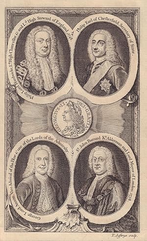Seller image for [A medallion of King George the Second, and Four Portrait around it, Philip Earl of Hardwick, Philippe Earl of Chesterfield, George Lord Anson, Sir John Barnard, Knt] for sale by Antiqua Print Gallery