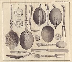 [Fig 1 to 3. Antique Knife, Fork and Spoon, found in Enfield Palace, Middlesex. Fig 4. Token, The...