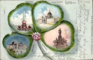 Seller image for Kleeblatt Litho Leipzig in Sachsen, Reichsgerichtsgeb�ude, Mendebrunnen, neues Theater for sale by akpool.de - akpool GmbH