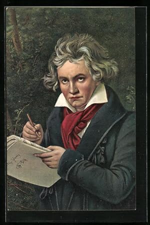 Künstler-Ansichtskarte Portrait Beethovens beim Komponieren im Wald