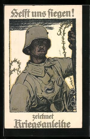 Bild des Verkufers fr Lithographie Helft uns siegen! Zeichnet Kriegsanleihe - Soldat mit Stahlhelm zum Verkauf von Bartko-Reher