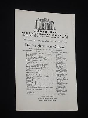 Seller image for Programmzettel Volksbhne Theater am Horst-Wessel-Platz 1934/35. DIE JUNGFRAU VON ORLEANS von Schiller. Insz.: Bernhard Graf Solms, Bhnenbild: Josef Fenneker, Musik: Kurt Heuser, techn. Ltg.: Hans Sachs. Mit Herta Saal (Johanna), Hans Halden, Maria Krahn, Kthe Haack, Heinrich Schroth, Heinz Klingenberg, Harry Studt, Gerda Gartz for sale by Fast alles Theater! Antiquariat fr die darstellenden Knste