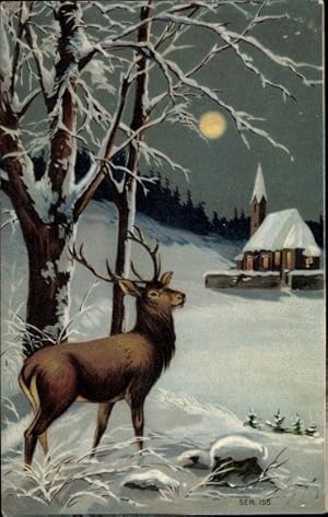 Präge Ansichtskarte / Postkarte Hirsch am Waldrand bei Nacht, Schnee, Mond