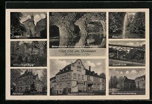 Ansichtskarte Rabenstein /Sa., Gasthaus Goldener Löwe, Bahnbrücke, Unterirdische Felsendome - Mar...