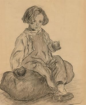 Early 20th Century Charcoal Drawing - Boy With Apples
