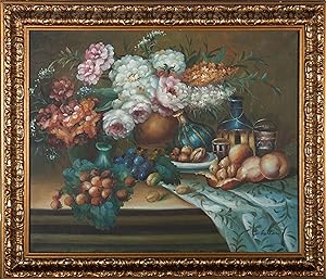 S. Easton - 20th Century Oil, Still Life with Flowers and Fruit