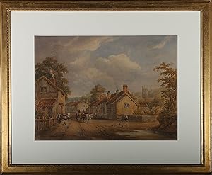 Framed Mid 19th Century Watercolour - Village Scene with Horse Drawn Cart