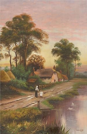 A. Greenwood - 1927 Oil, The Village at Sunset