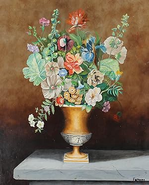 Freeman - Framed 20th Century Oil, Elegant Blooms in a Golden Urn