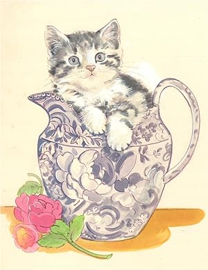 Pair of Children's Book Illustrations, 20thC Watercolour - Mischievous Cats