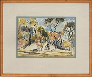 Signed 1990 Watercolour - Figures in Landscape