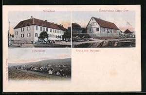 Ansichtskarte Marjoss, Totalansicht, Försterhaus und Geschäftshaus Caspar Dorr