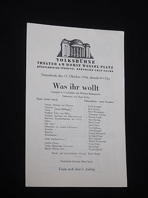 Imagen del vendedor de Programmzettel Volksbhne Theater am Horst-Wessel-Platz 1934/35. WAS IHR WOLLT von Shakespeare. Insz.: Detlef Sierck, Musik: Kurt Heuser, Bhnenbild: Josef Fenneker, techn. Ltg.: Hans Sachs. Mit Erich Strmer, Kurt Daehn, Kurt Waitzmann, Alexander Golling, Werner Finck, Paula Denk, Herta Saal, Fita Benkhoff a la venta por Fast alles Theater! Antiquariat fr die darstellenden Knste