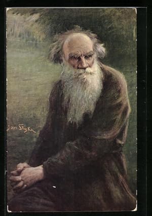 Bild des Verkufers fr Knstler-Ansichtskarte Leo Tolstoi sitzend in einem Garten zum Verkauf von Bartko-Reher