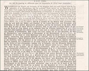 Exportation Act 1730. An Act for granting an Allowance upon the Exportation of British made gunpo...