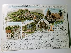 Lindenfels. Gruss aus., Alte Ansichtskarte / Lithographie farbig, gel. 1898. 5 Ansichten : Totale...