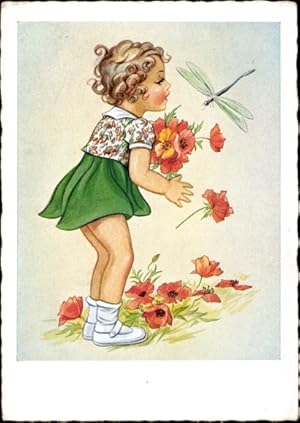 Image du vendeur pour Ansichtskarte / Postkarte Mdchen mit Mohnblumen, Libelle mis en vente par akpool GmbH