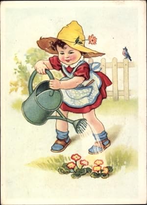 Künstler Ansichtskarte / Postkarte Mädchen gießt Blumen, Gießkanne