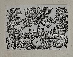 [Antique print, printer's device, woodcut] A flying Fama over the city of Utrecht, published ca. ...