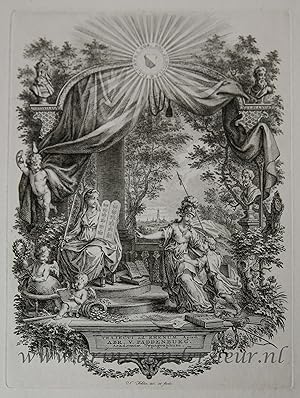 [Antique print, etching] View of Utrecht and allegorical figures, published ca. 1750, 1 p.