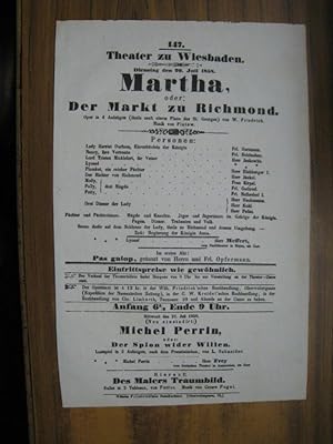 Besetzungszettel zu: Martha, oder: Der Markt zu Richmond. - Dienstag den 20. Juli 1858 im Theater...