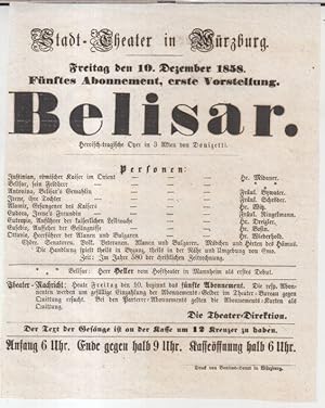 Besetzungszettel zu: Belisar. - Freitag, den 10. Dezember 1858, fünftes Abonnement, erste Vorstel...