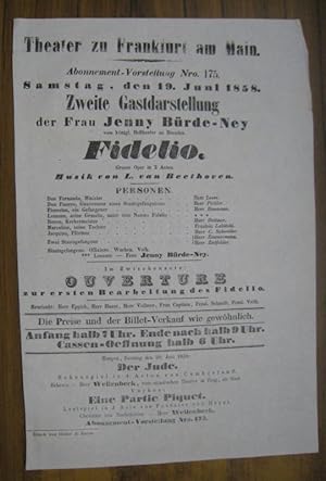 Besetzungsliste zu: Fidelio. Samstag, den 19. Juni 1858, Abonnement-Vorstellung Nro. 175 im Theat...