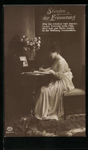 Bild des Verkufers fr Foto-Ansichtskarte Amag: Stunden der Erinnerung, Junge Frau schreibt einen Gruss zum Verkauf von Bartko-Reher