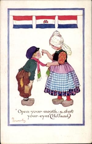 Seller image for Knstler Ansichtskarte / Postkarte Sowerby, M., Open your mouth und shut your eyes, Holland, Tracht, Landesflagge - Little Folks of Many Lands for sale by akpool GmbH