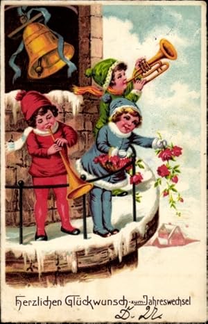 Ansichtskarte / Postkarte Glückwunsch Neujahr, Kinder, Kirchturm, Glocken, Rosen, Trompete