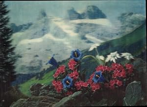 3 D Ansichtskarte / Postkarte Alpine Plants, Gebirgspflanzen, Berge, Edelweiß, Enzian