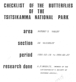 Checklist of the Butterflies of the Tsitsikamma National Park.