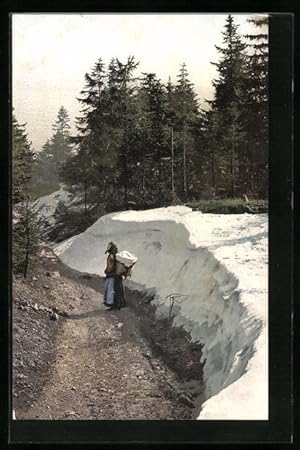 Imagen del vendedor de Knstler-Ansichtskarte Photochromie Nr. 1238: Buerin auf dem Heimweg mit einem Korb voller Schnee a la venta por Bartko-Reher