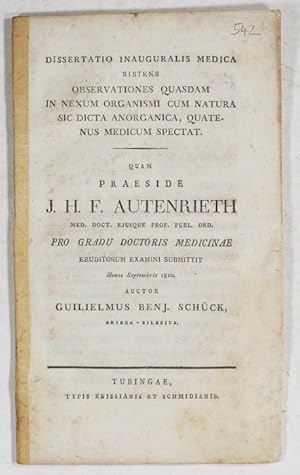 Bild des Verkufers fr Observationes quasdam in nexum organismi cum natura sic dicta anorganica, quatenus medicum. Dissertatio Inauguralis Medica. zum Verkauf von Antiq. F.-D. Shn - Medicusbooks.Com