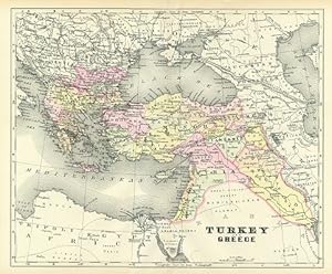 TURKEY AND GREECE,Antique Coloured Map,1900 Historical Topographical Map