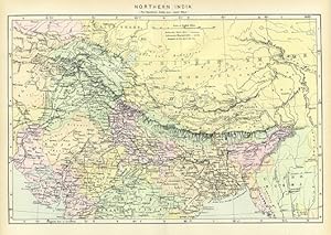 NORTHERN INDIA,Antique Coloured Map,1900 Historical Topographical Map