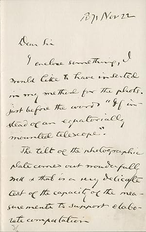 Imagen del vendedor de Handwritten letter from Charles Sanders Peirce on astronomical computation and photography a la venta por Open Boat Booksellers