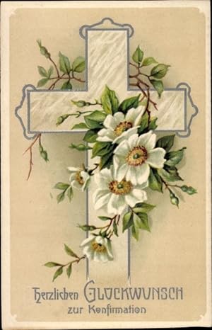 Ansichtskarte / Postkarte Glückwunsch Konfirmation, Kreuz, weiße Rosenblüten