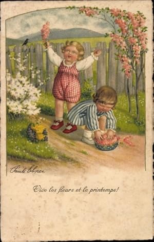 Bild des Verkufers fr Knstler Ansichtskarte / Postkarte Ebner, Pauli, Vive les fleurs et le printemps, Mdchen pflcken Blumen zum Verkauf von akpool GmbH