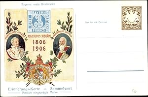 Ganzsache Ansichtskarte / Postkarte Bayerns erste Briefmarke, Maximilian Joseph, Prinzregent Luit...