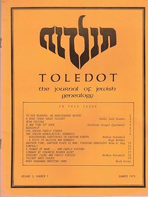 Bild des Verkufers fr Toledot: The Journal of Jewish Genealogy Volume 3, Number 1 Summer 1979 zum Verkauf von Kenneth Mallory Bookseller ABAA