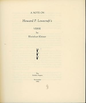 Image du vendeur pour A NOTE ON HOWARD P. LOVECRAFT'S VERSE mis en vente par Currey, L.W. Inc. ABAA/ILAB